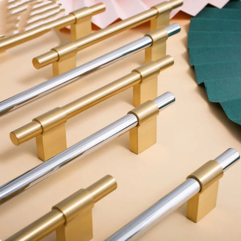 Minimalist brass drawer handle in silver finish with 128mm hole spacing for cabinet doors