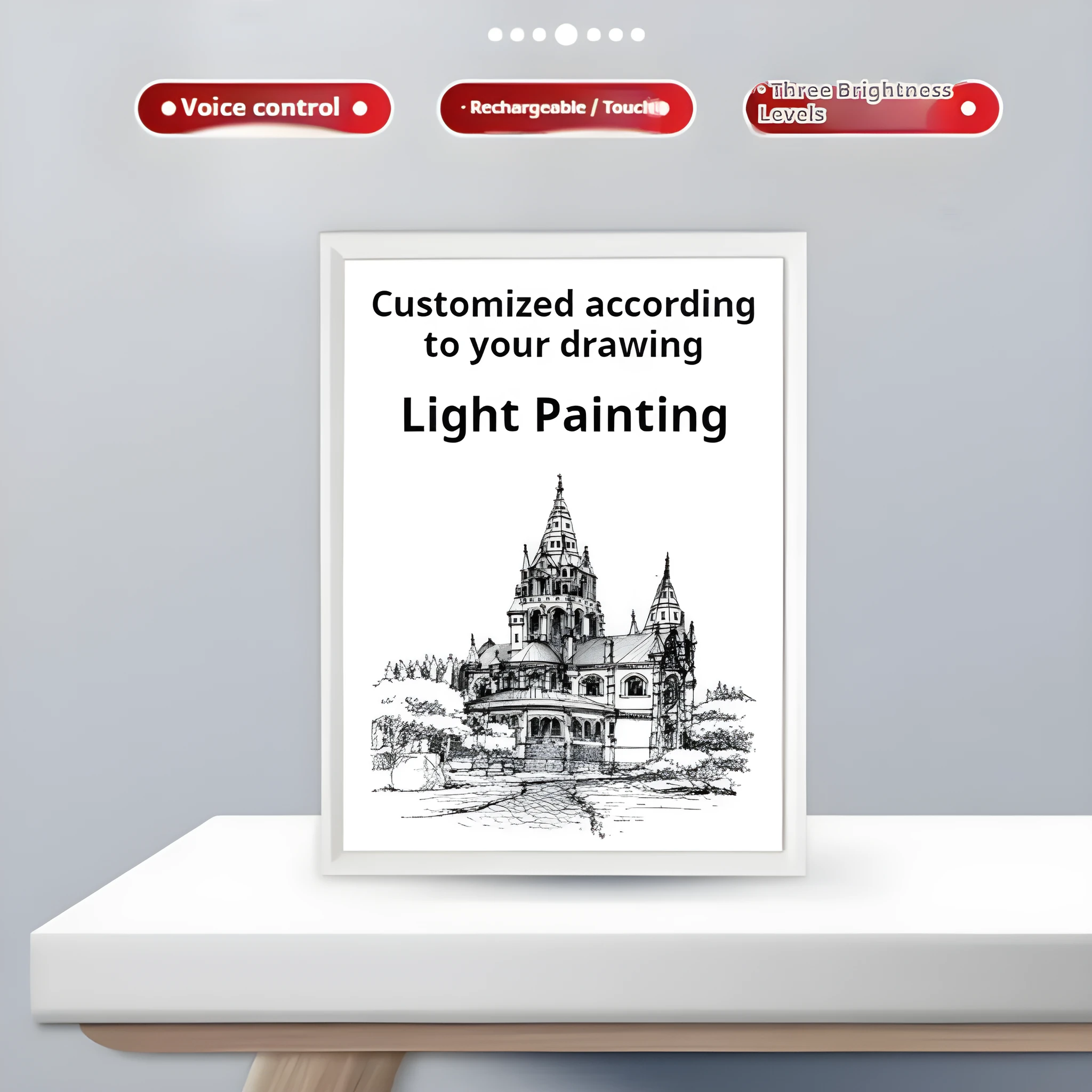 Mirror white framed luminous desk painting with hand-carved design, 8 inch