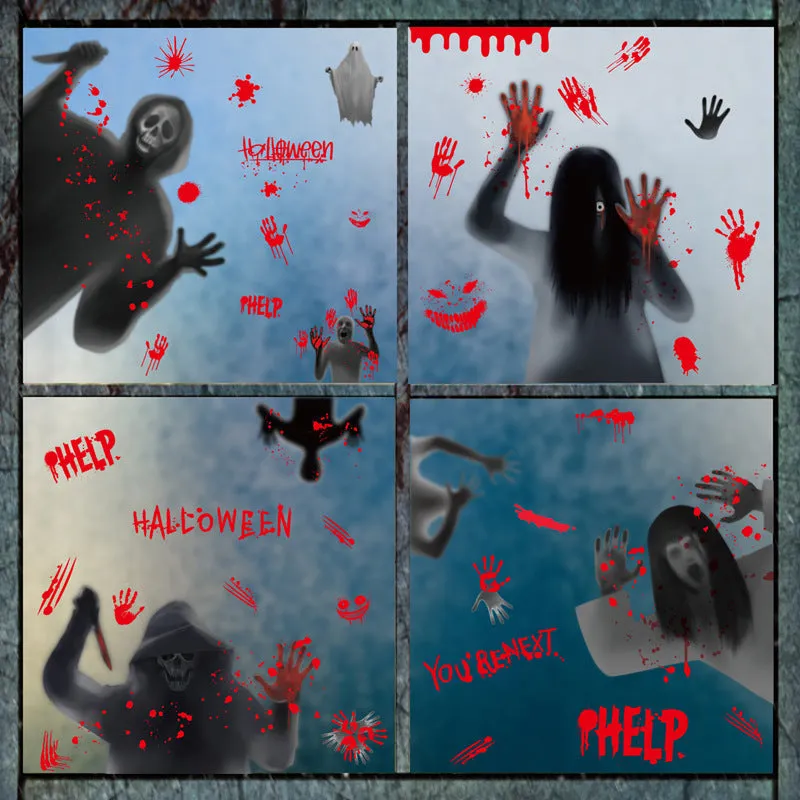 Set of six Halloween electrostatic window stickers featuring female ghost and skull motifs in American style, available in multiple colour combinations