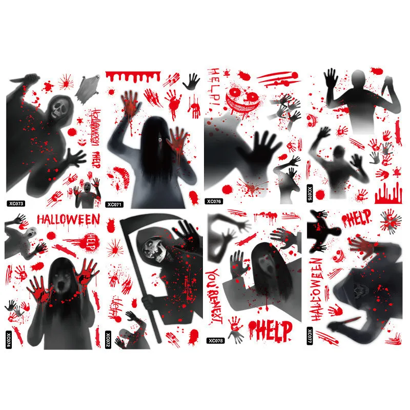 Set of six Halloween electrostatic window stickers featuring female ghost and skull motifs in American style, available in multiple colour combinations