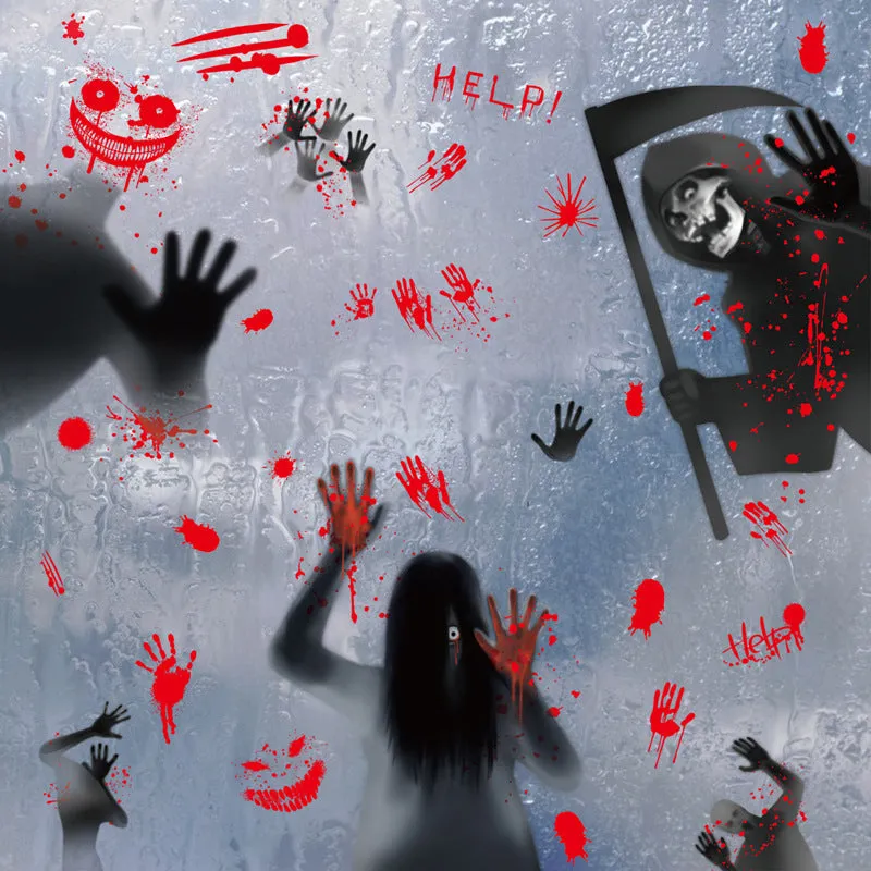 Set of six Halloween electrostatic window stickers featuring female ghost and skull motifs in American style, available in multiple colour combinations