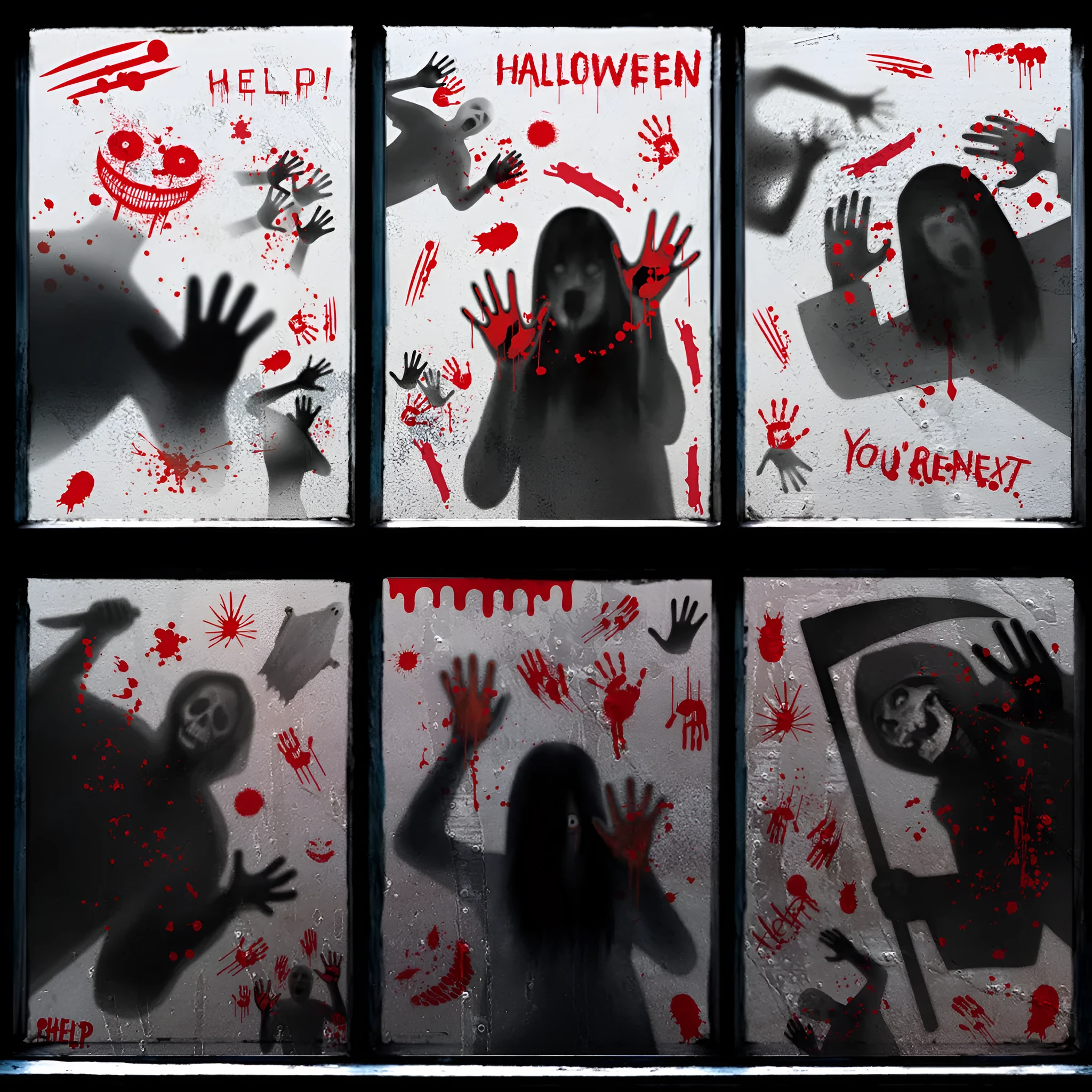 Set of six Halloween electrostatic window stickers featuring female ghost and skull motifs in American style, available in multiple colour combinations