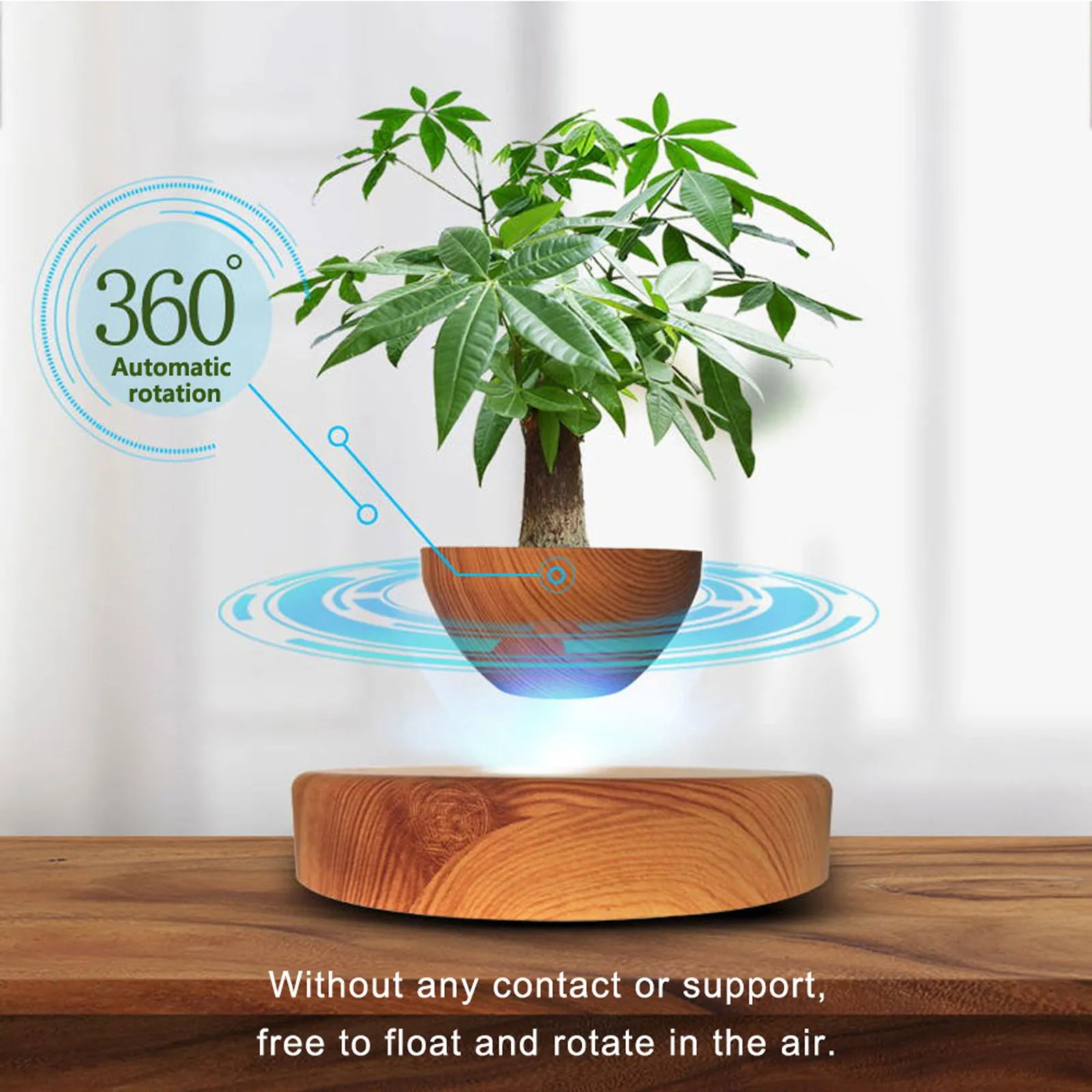 Maglev potted desktop ornament in light wood grain showing floating pot above base with UK plug