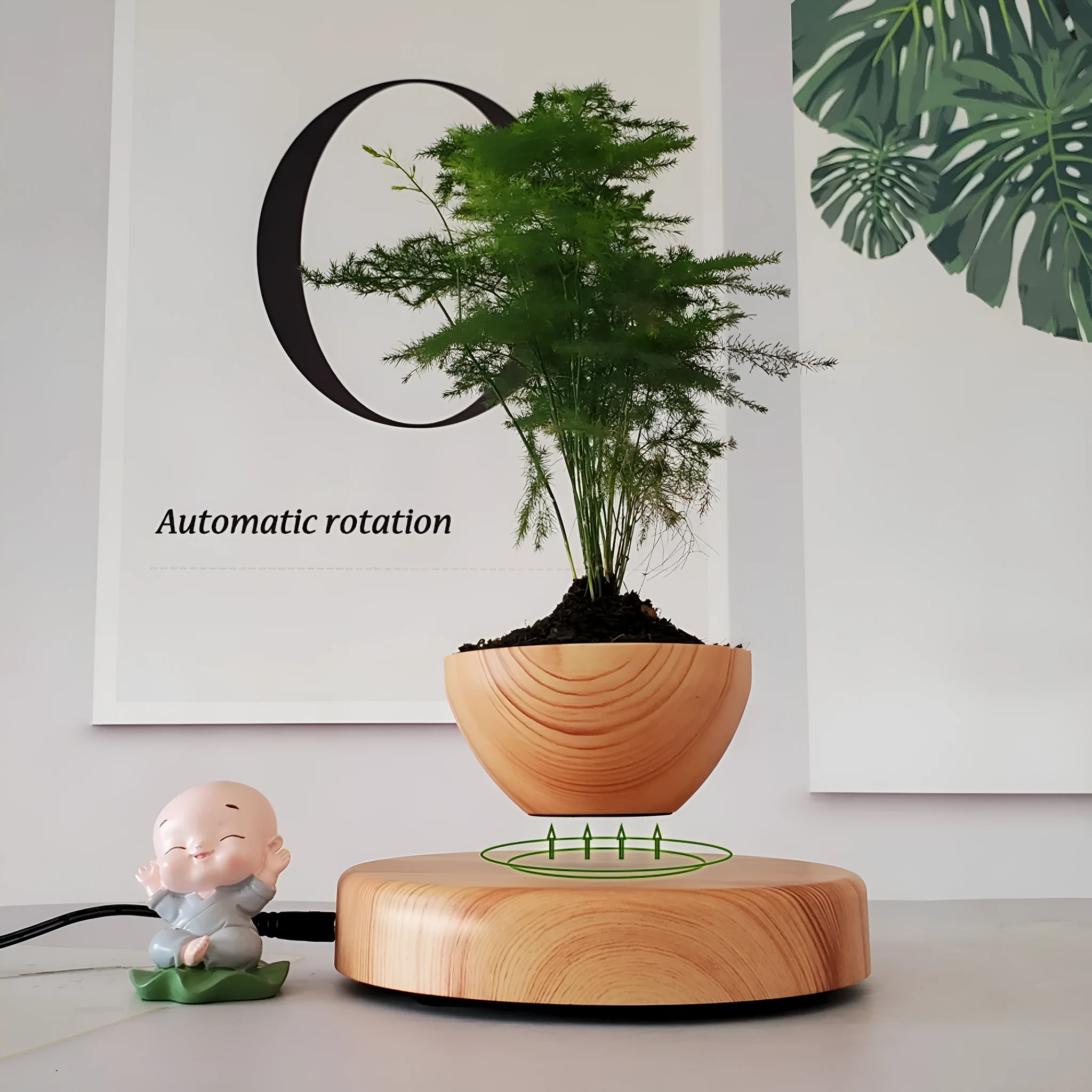 Maglev potted desktop ornament in light wood grain showing floating pot above base with UK plug