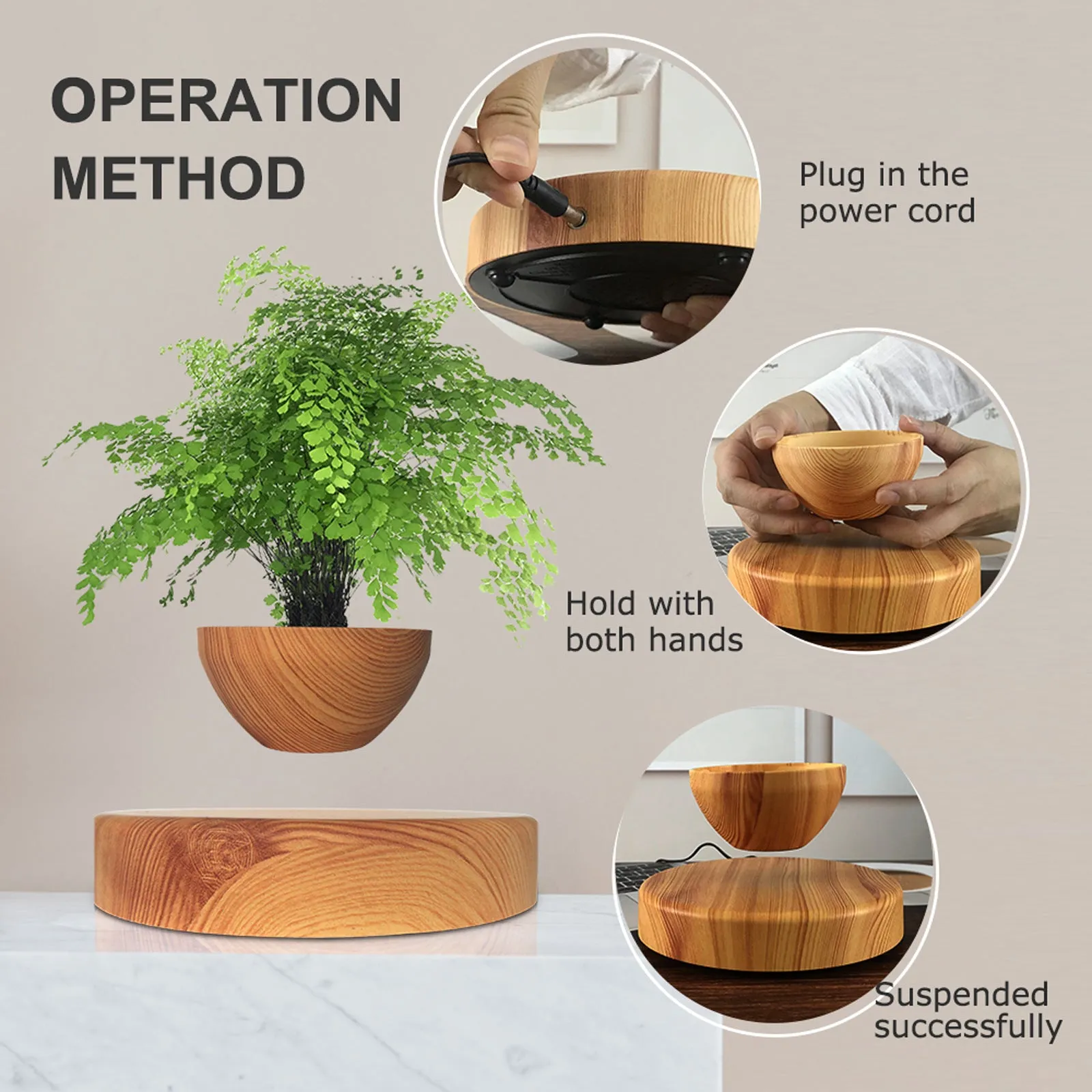 Maglev potted desktop ornament in light wood grain showing floating pot above base with UK plug