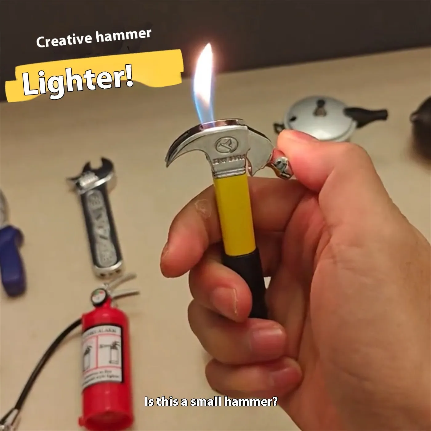 Creative novelty lighter set made of aluminium alloy with vice hammer and fire extinguisher designs for boyfriend gift