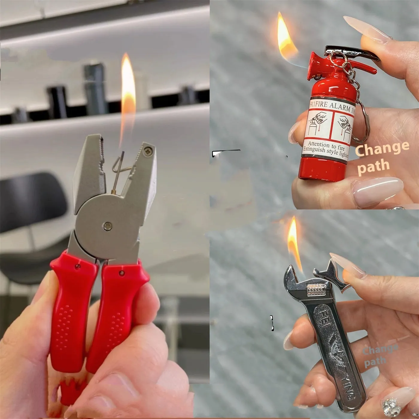 Creative novelty lighter set made of aluminium alloy with vice hammer and fire extinguisher designs for boyfriend gift