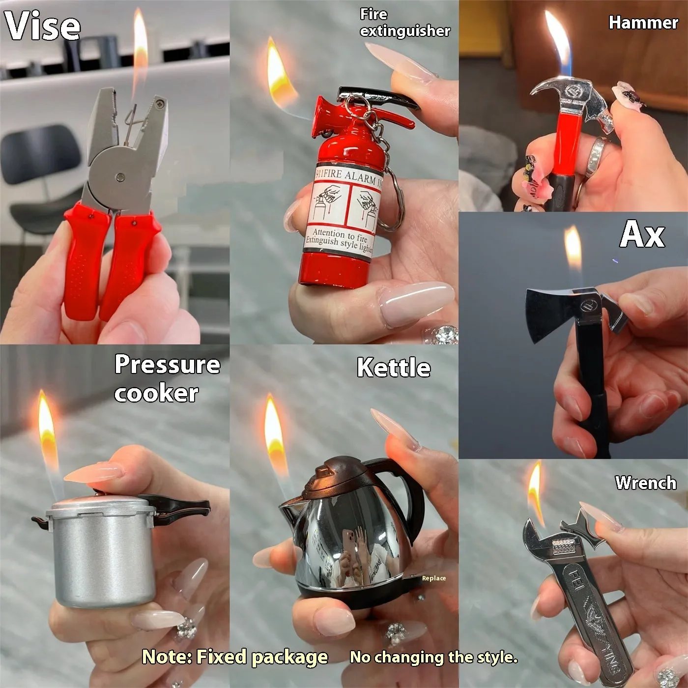 Creative novelty lighter set made of aluminium alloy with vice hammer and fire extinguisher designs for boyfriend gift