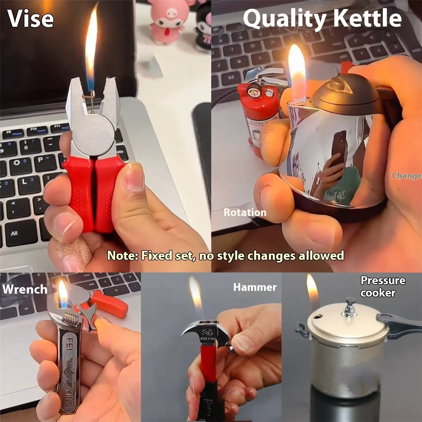 Creative novelty lighter set made of aluminium alloy with vice hammer and fire extinguisher designs for boyfriend gift