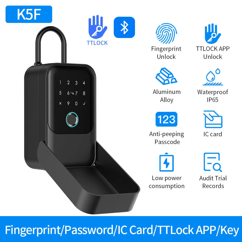 Multifunctional fingerprint password card key box with Bluetooth and TTLock gateway options, black ABS plastic casing