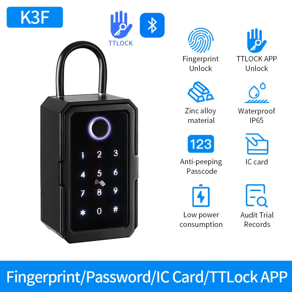 Multifunctional fingerprint password card key box with Bluetooth and TTLock gateway options, black ABS plastic casing