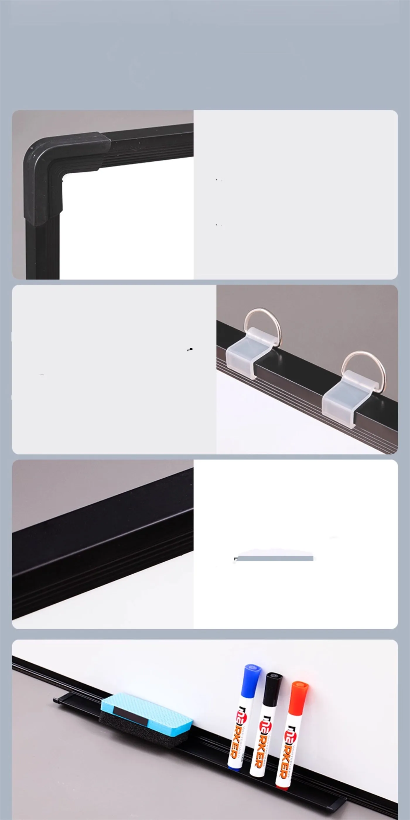 45x60cm hanging whiteboard with black frame, whiteboard pens, magnetic particles, eraser, and pen tray on a wall