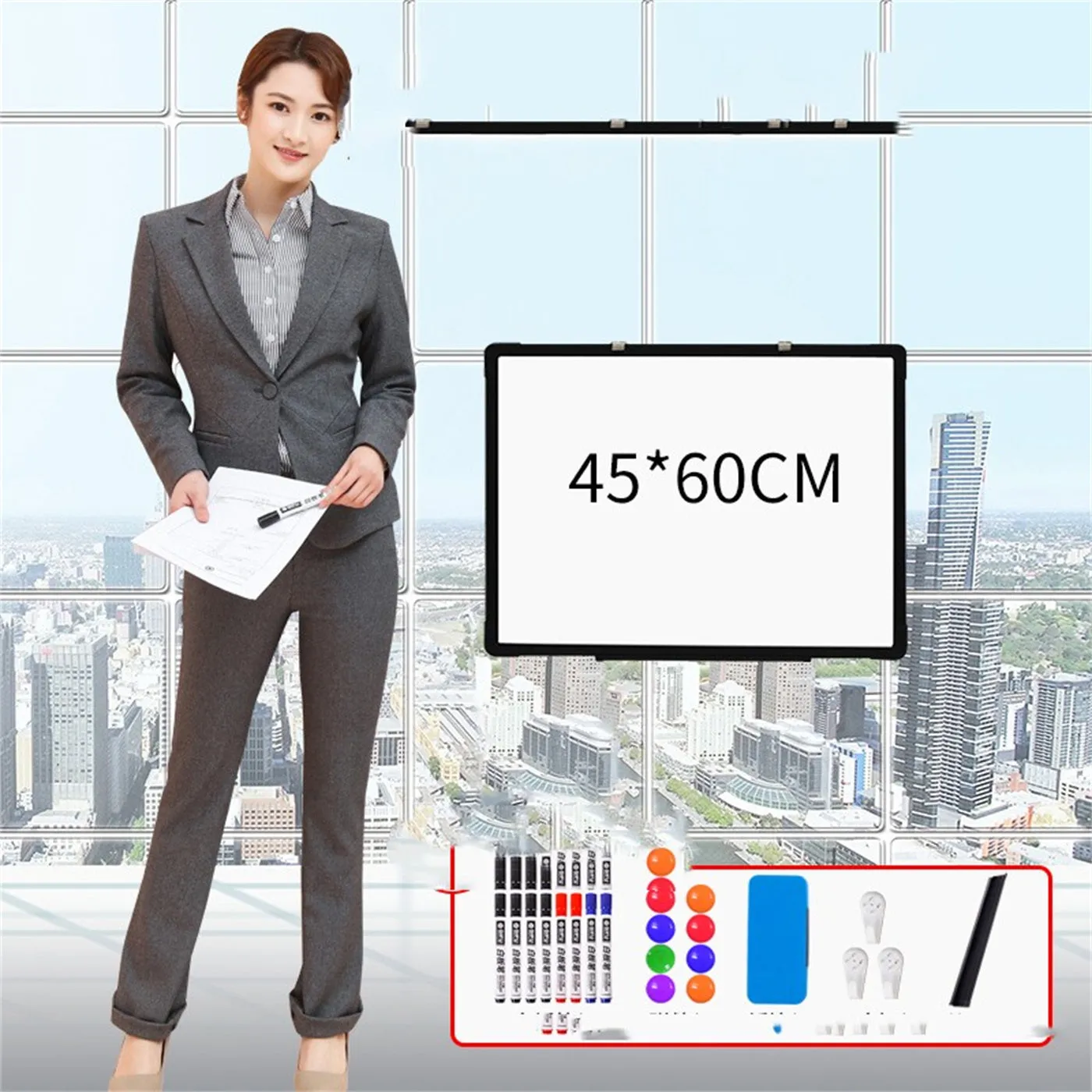45x60cm hanging whiteboard with black frame, whiteboard pens, magnetic particles, eraser, and pen tray on a wall