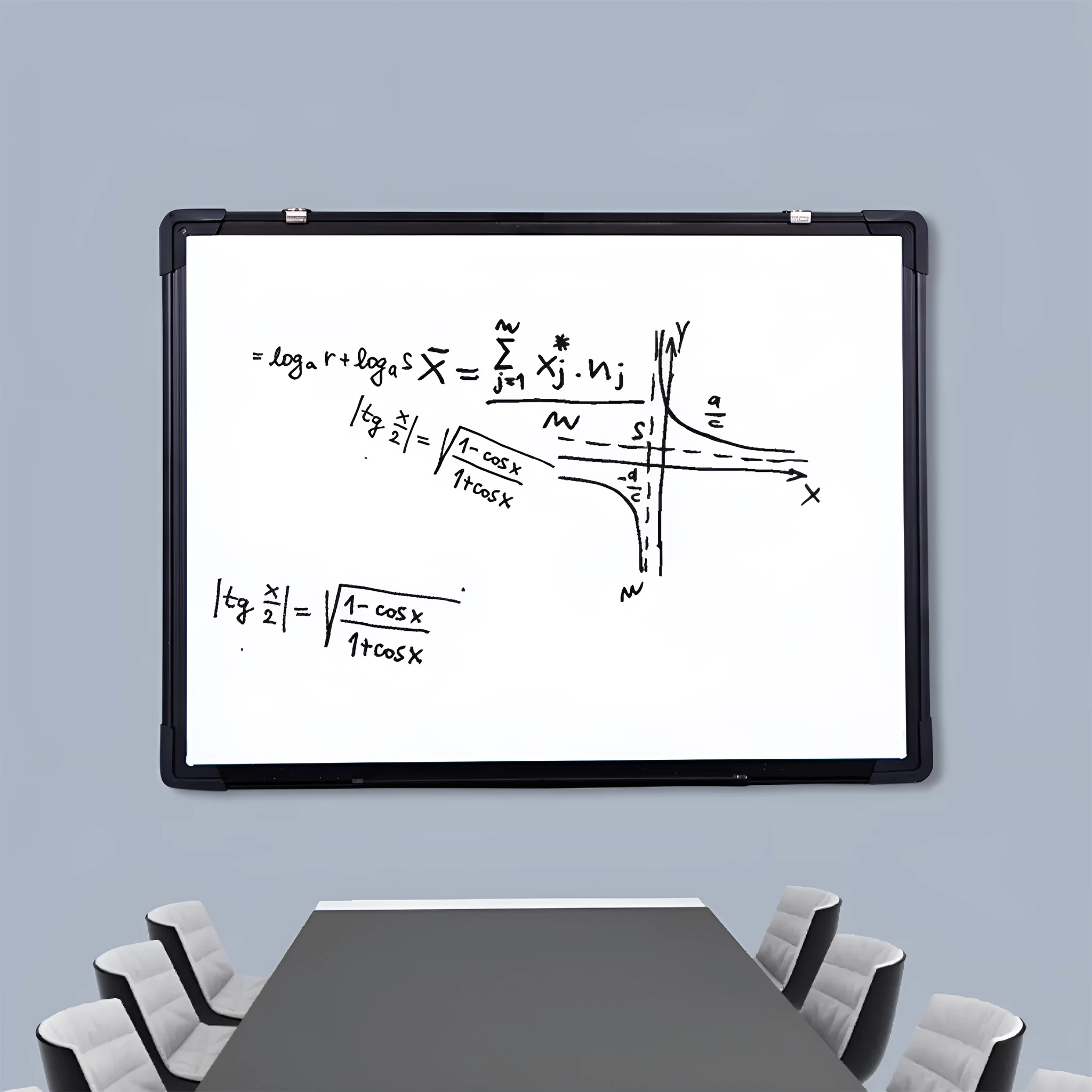 45x60cm hanging whiteboard with black frame, whiteboard pens, magnetic particles, eraser, and pen tray on a wall