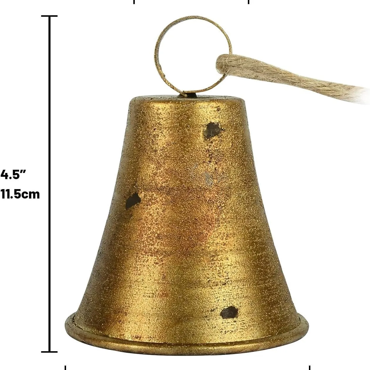 Set of four retro country handmade metal bells in rustic style, each 11.5 x 8.5 cm, on white background