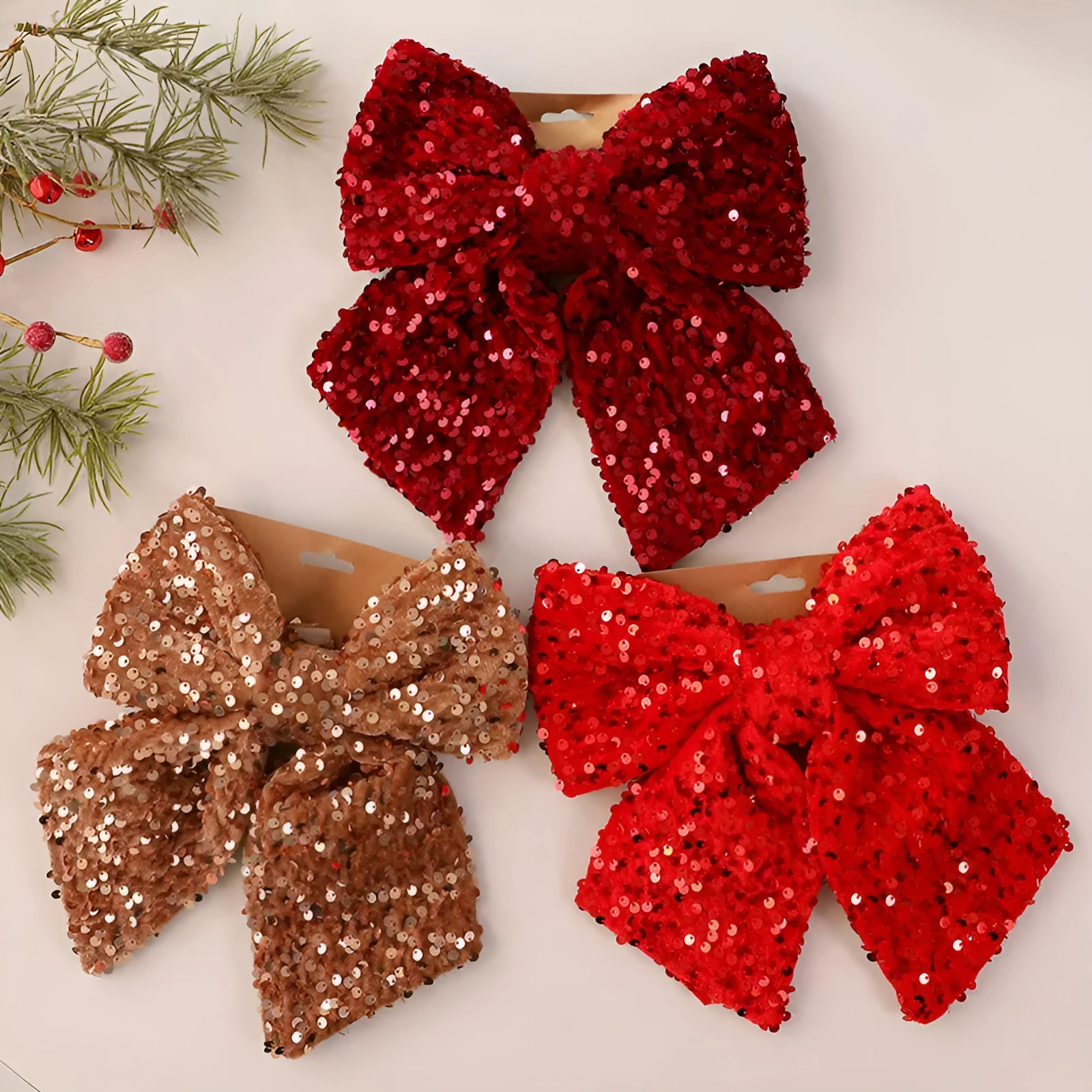 25cm red paillette Christmas sequin bow pendant on white background