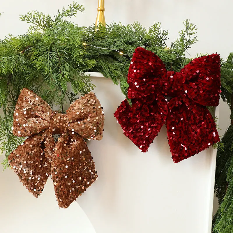 25cm red paillette Christmas sequin bow pendant on white background