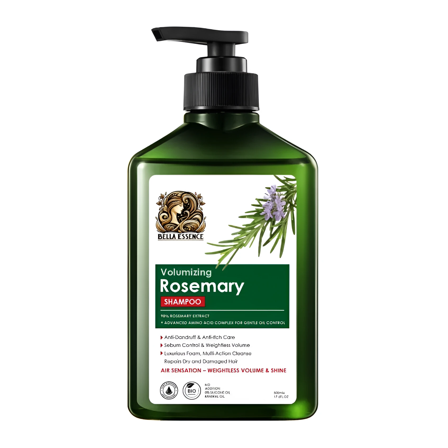 Bottle of Rosemary Anti-Dandruff Fluffy Shampoo with herbal scent for dry scalp care