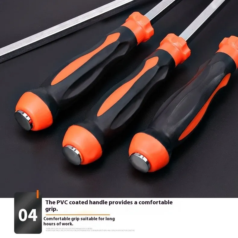 Lengthened high hardness screwdriver with carbon steel cutter head and plastic handle, shown by size options