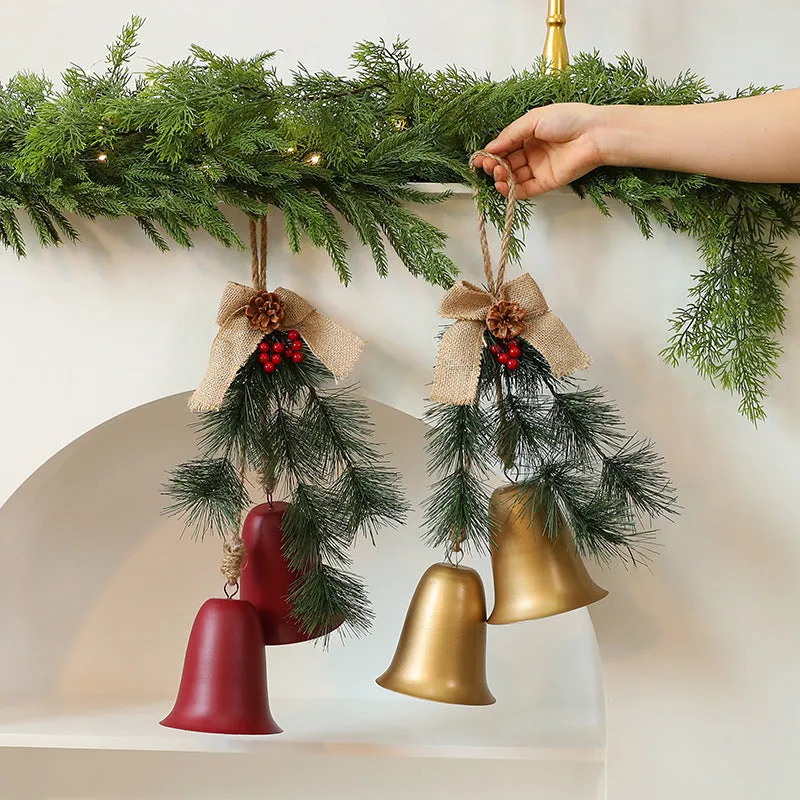 Velvet bow bell small pendant layout prop in red and gold, 50x30x20cm, made of metal, plastic and fabric.
