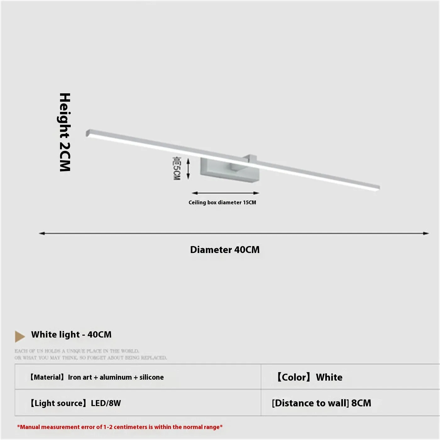 Black 40x8cm LED bathroom wall makeup lamp with warm light above a mirror