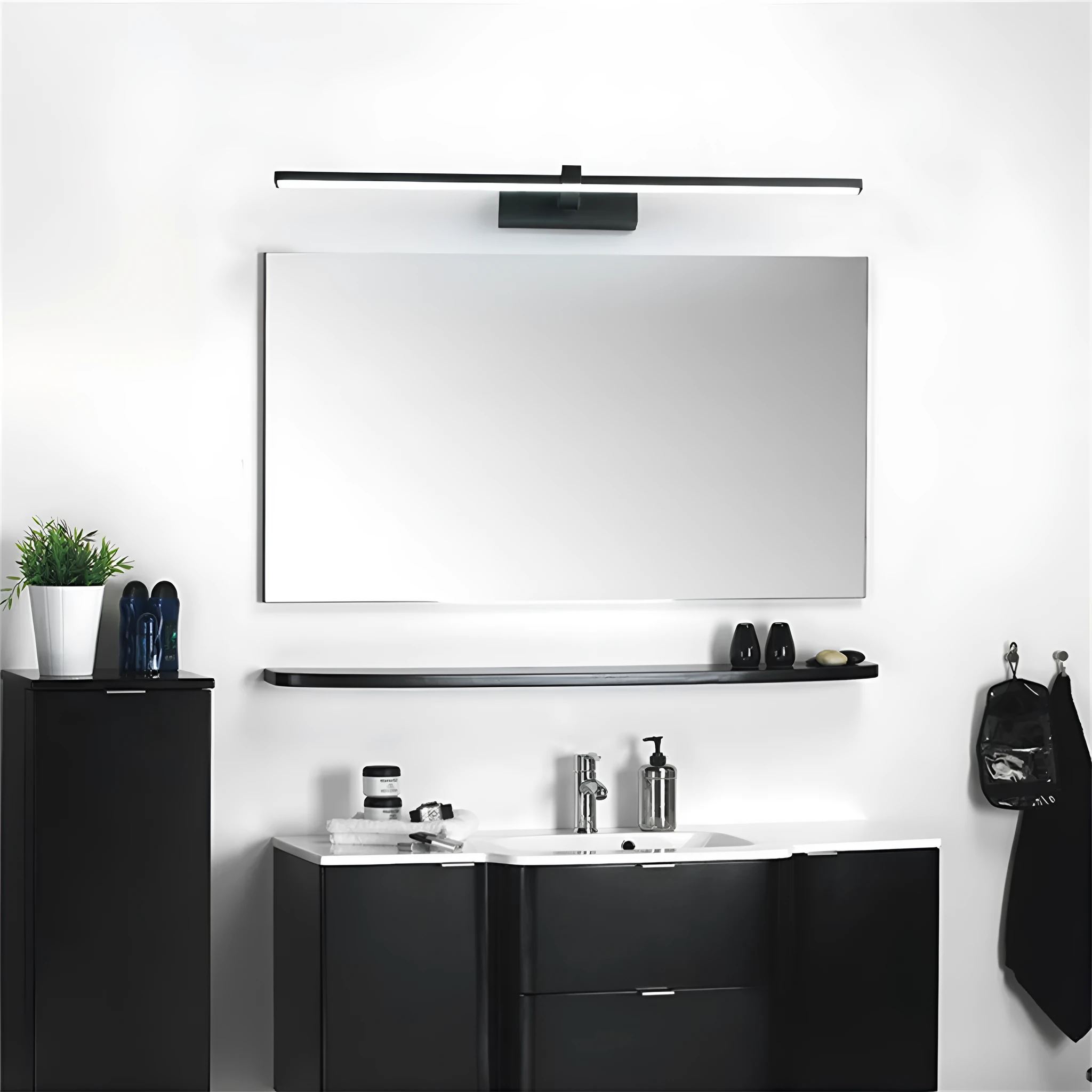 Black 40x8cm LED bathroom wall makeup lamp with warm light above a mirror