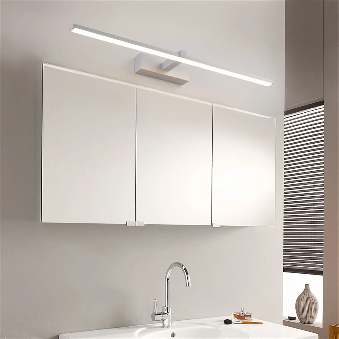Black 40x8cm LED bathroom wall makeup lamp with warm light above a mirror