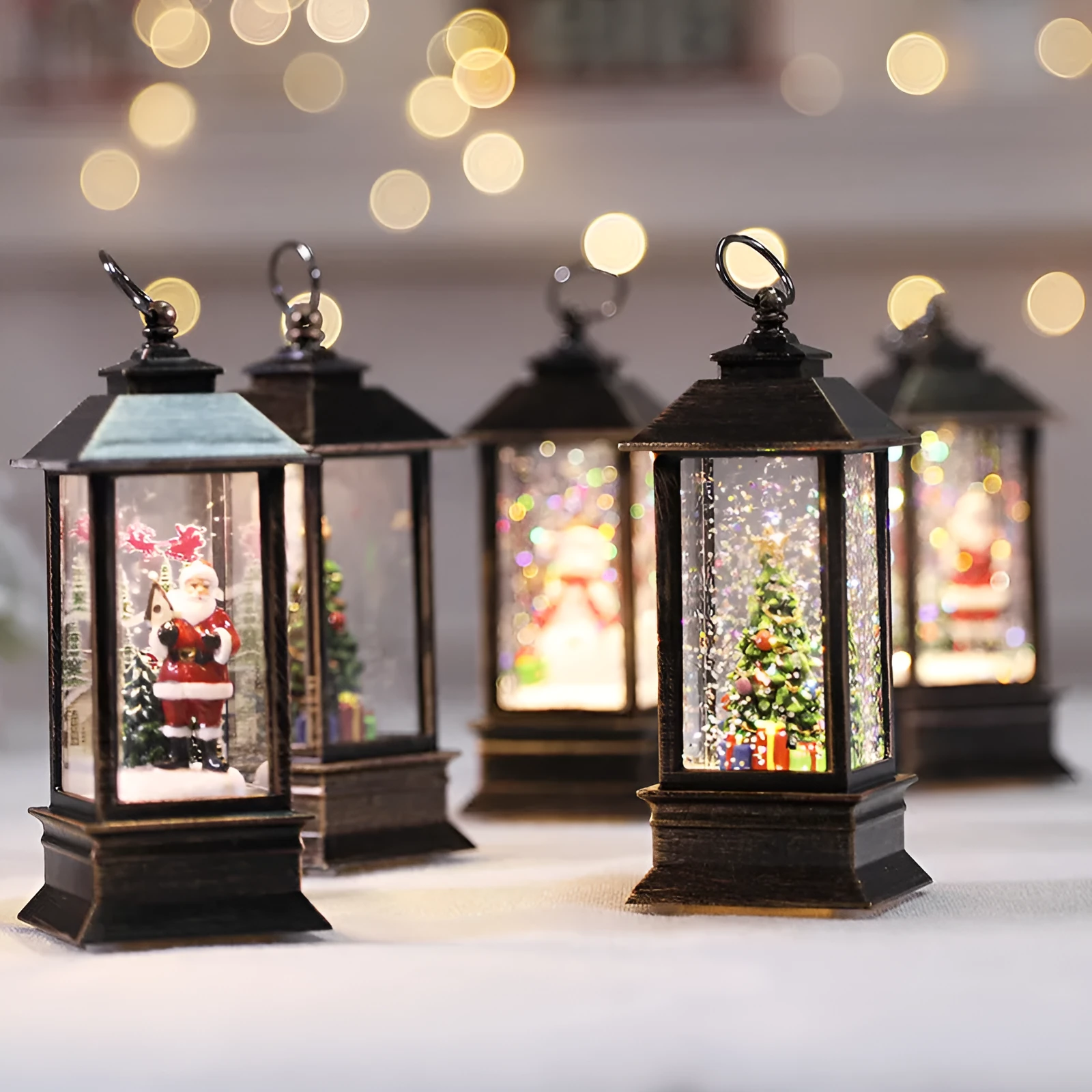 Christmas simulation LED flame small oil lamp with decorative old man figure and tree on a shelf