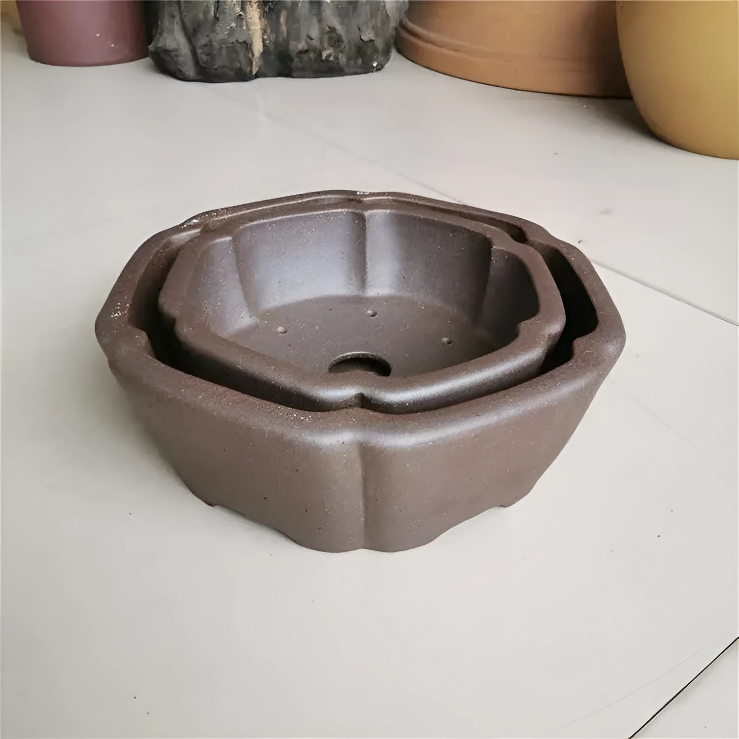 Large hexagonal purple sand flowerpot in brown, high temperature kiln baked, for indoor outdoor plants