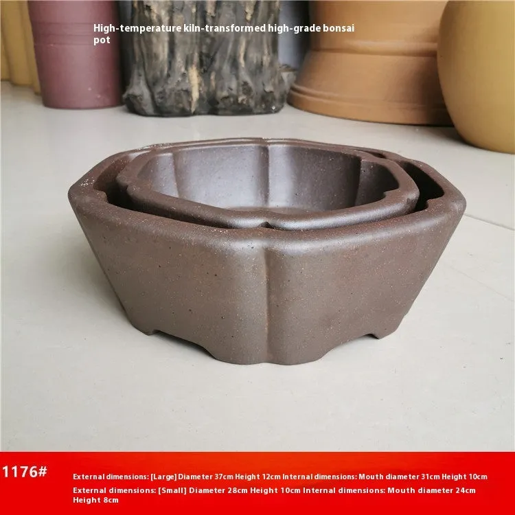 Large hexagonal purple sand flowerpot in brown, high temperature kiln baked, for indoor outdoor plants