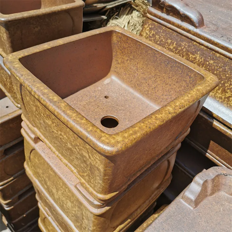 Square brown purple sand bonsai pot set of two high temperature fired Chinese style