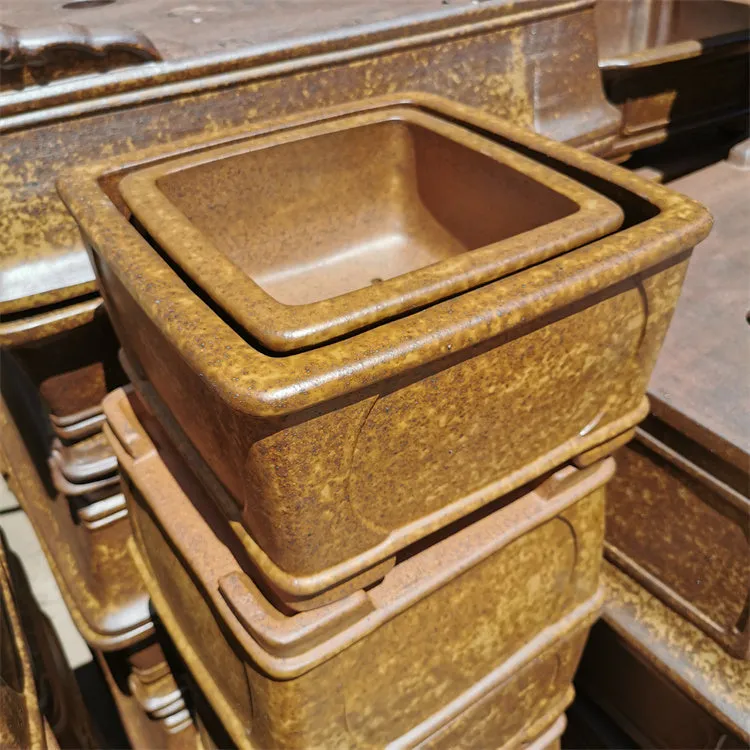 Square brown purple sand bonsai pot set of two high temperature fired Chinese style