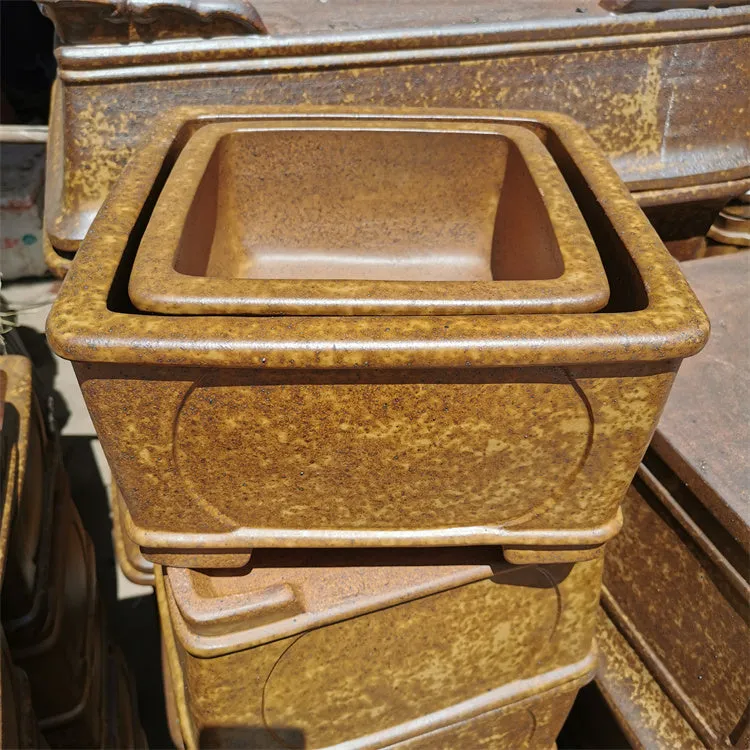 Square brown purple sand bonsai pot set of two high temperature fired Chinese style