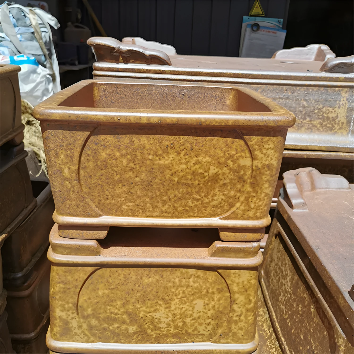 Square brown purple sand bonsai pot set of two high temperature fired Chinese style
