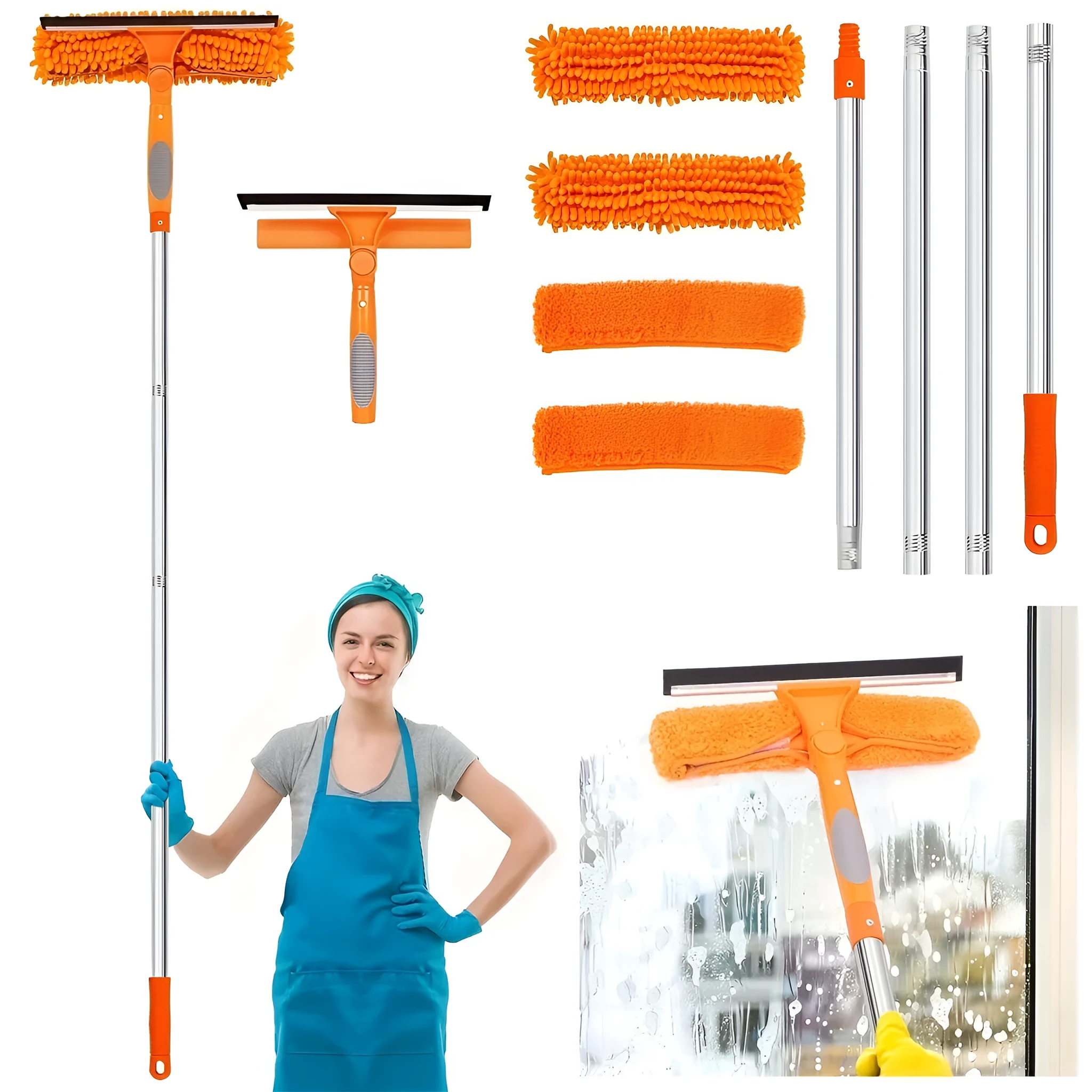 Two-in-one glass squeegee high-rise wiper with stainless steel poles in blue colour on window