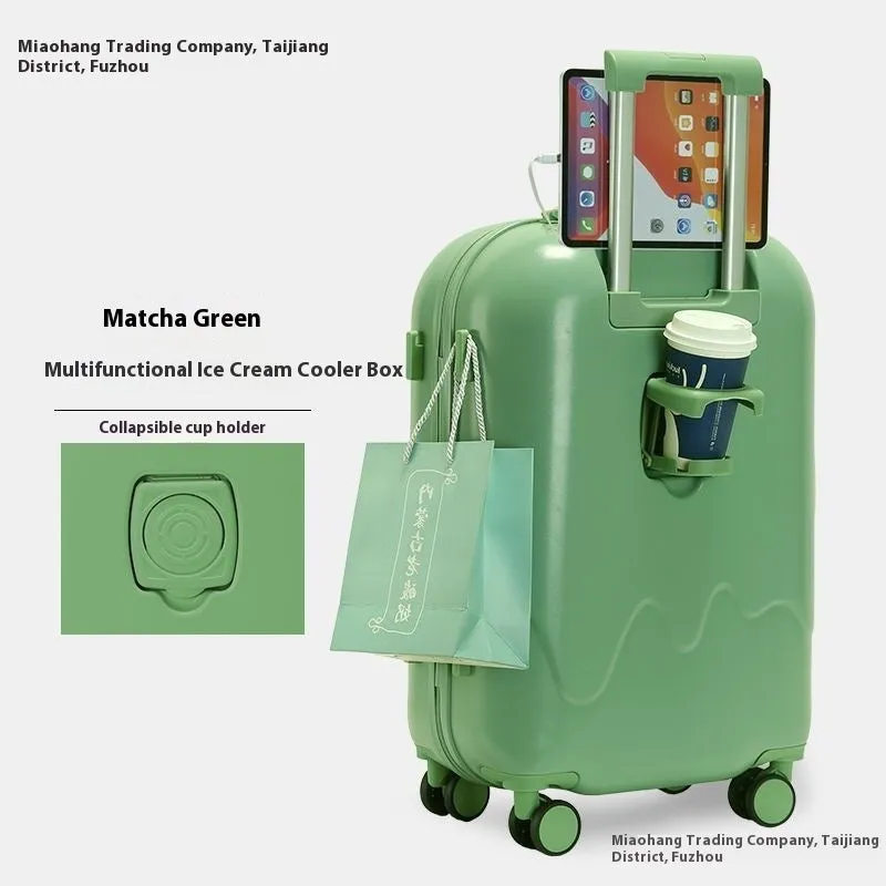 Ice cream pattern lightweight suitcase in lemon yellow with universal wheels and charging interface