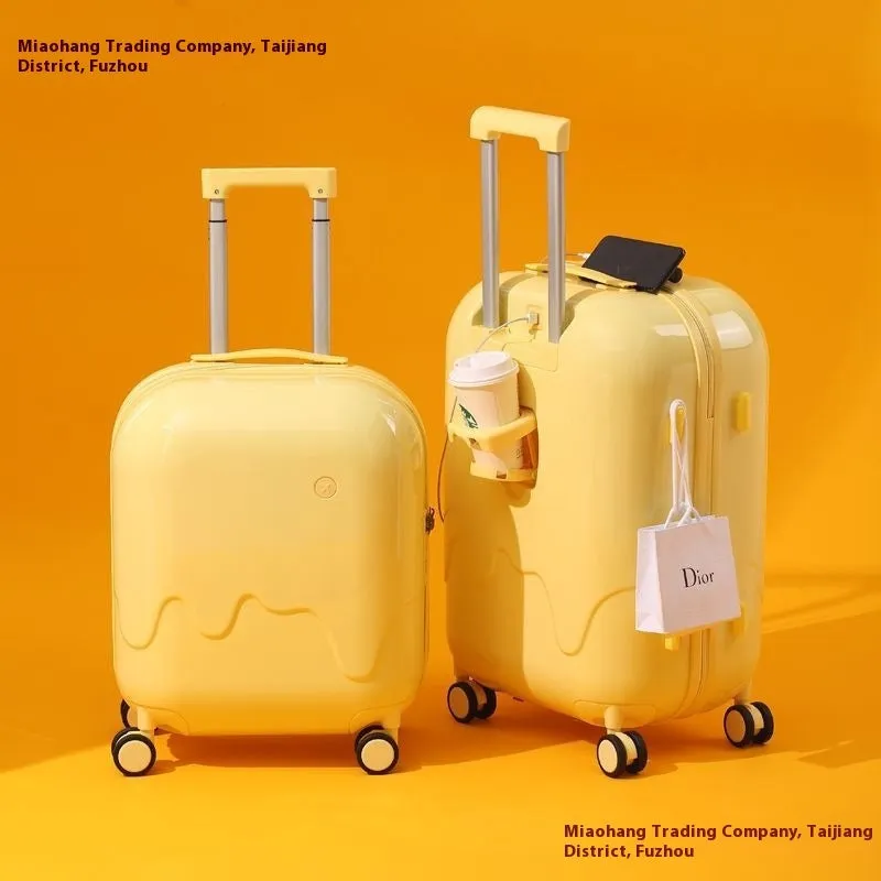 Ice cream pattern lightweight suitcase in lemon yellow with universal wheels and charging interface