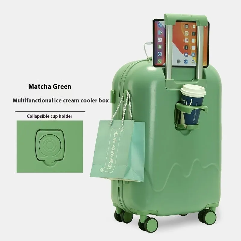 Ice cream pattern lightweight suitcase in lemon yellow with universal wheels and charging interface