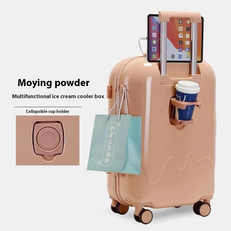 Ice cream pattern lightweight suitcase in lemon yellow with universal wheels and charging interface