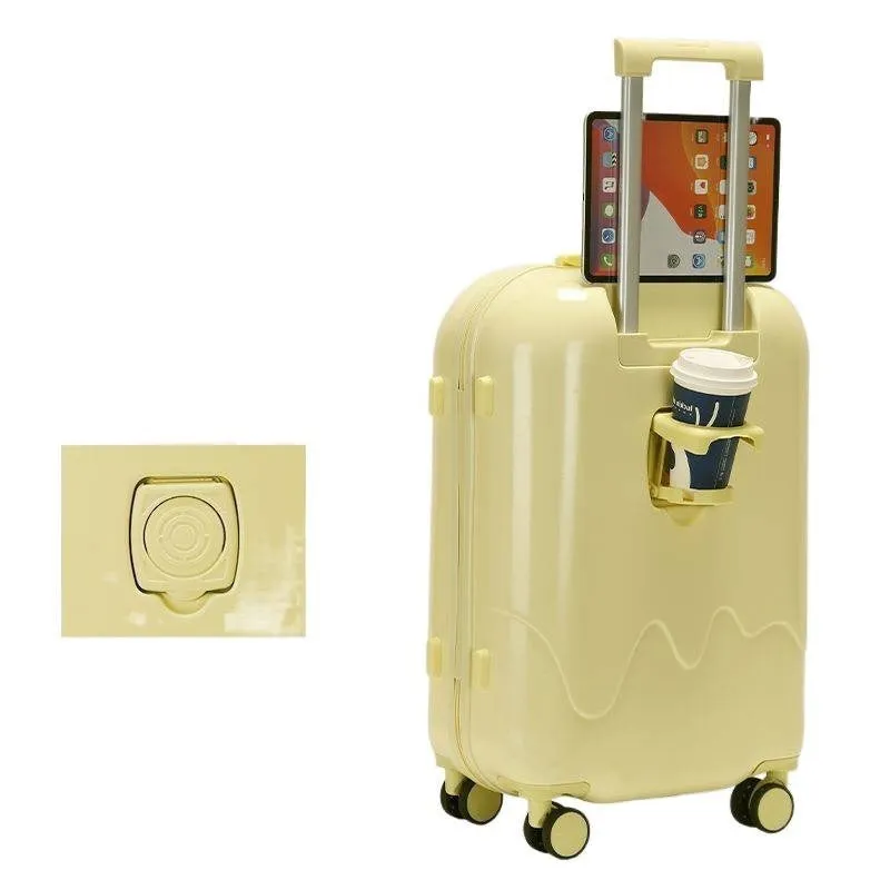 Ice cream pattern lightweight suitcase in lemon yellow with universal wheels and charging interface