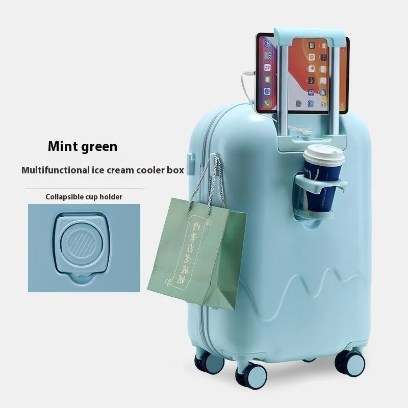 Ice cream pattern lightweight suitcase in lemon yellow with universal wheels and charging interface