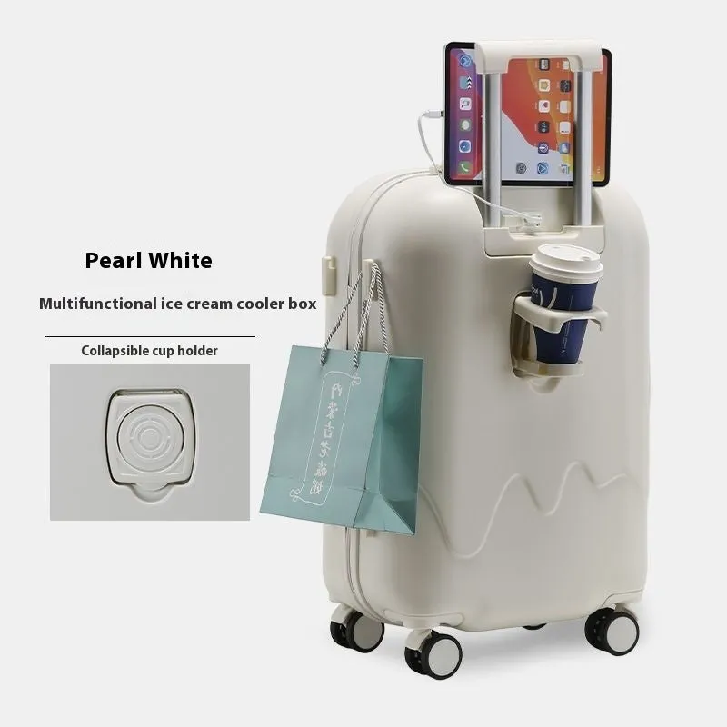 Ice cream pattern lightweight suitcase in lemon yellow with universal wheels and charging interface