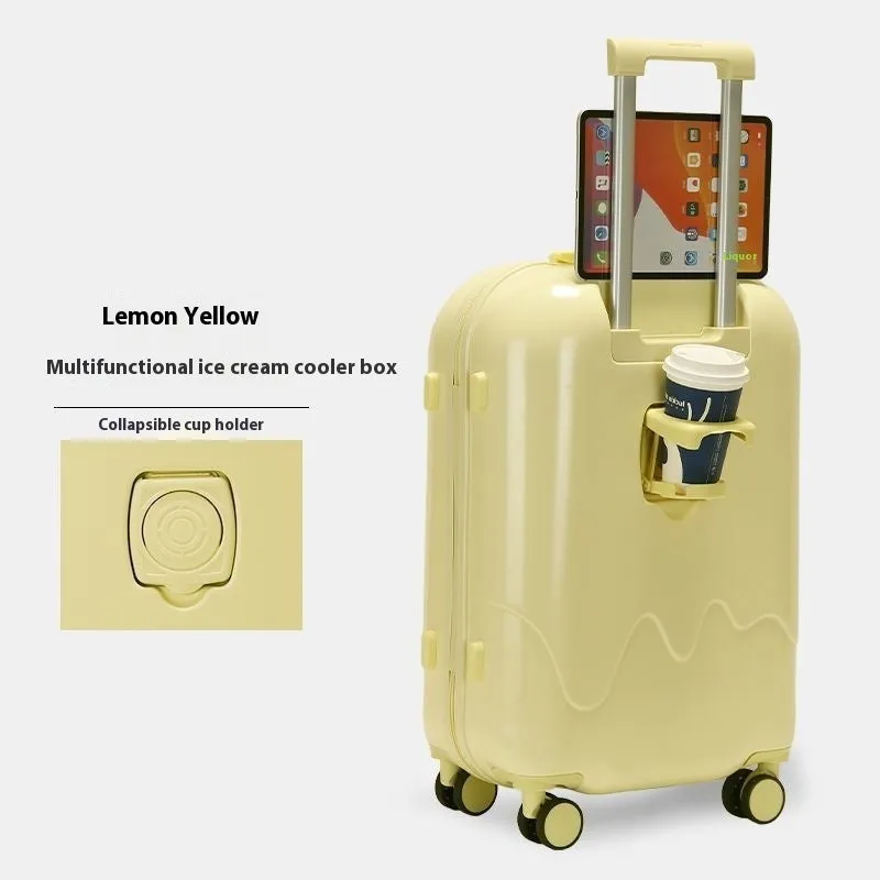 Ice cream pattern lightweight suitcase in lemon yellow with universal wheels and charging interface