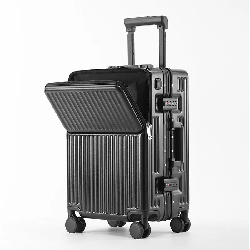 24-inch front open PC suitcase in black with USB port and brake wheel for business travel