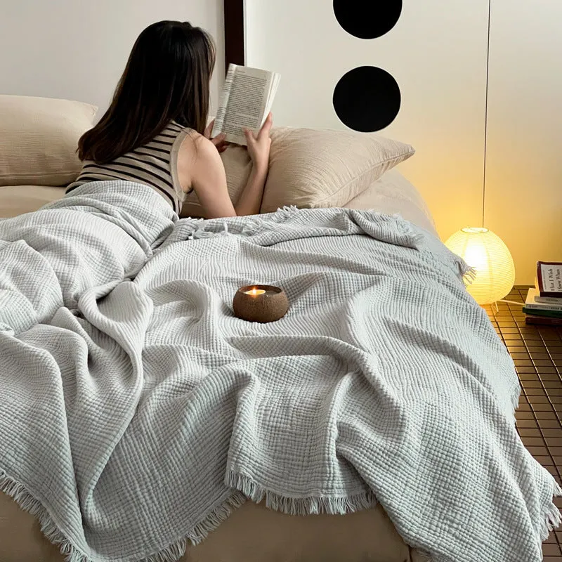 Maillard style four-layer wrinkle yarn tassel blanket in pure cotton chenille, available in multiple colours for sofa or office