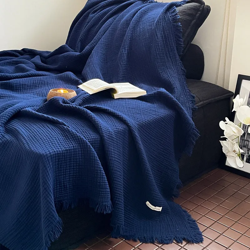 Maillard style four-layer wrinkle yarn tassel blanket in pure cotton chenille, available in multiple colours for sofa or office