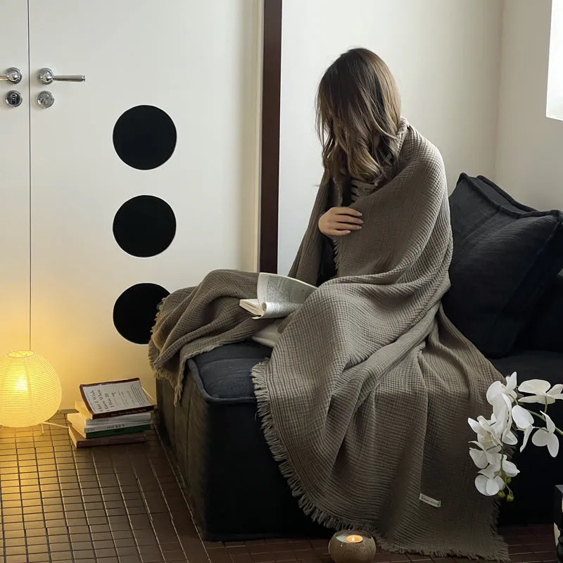 Maillard style four-layer wrinkle yarn tassel blanket in pure cotton chenille, available in multiple colours for sofa or office