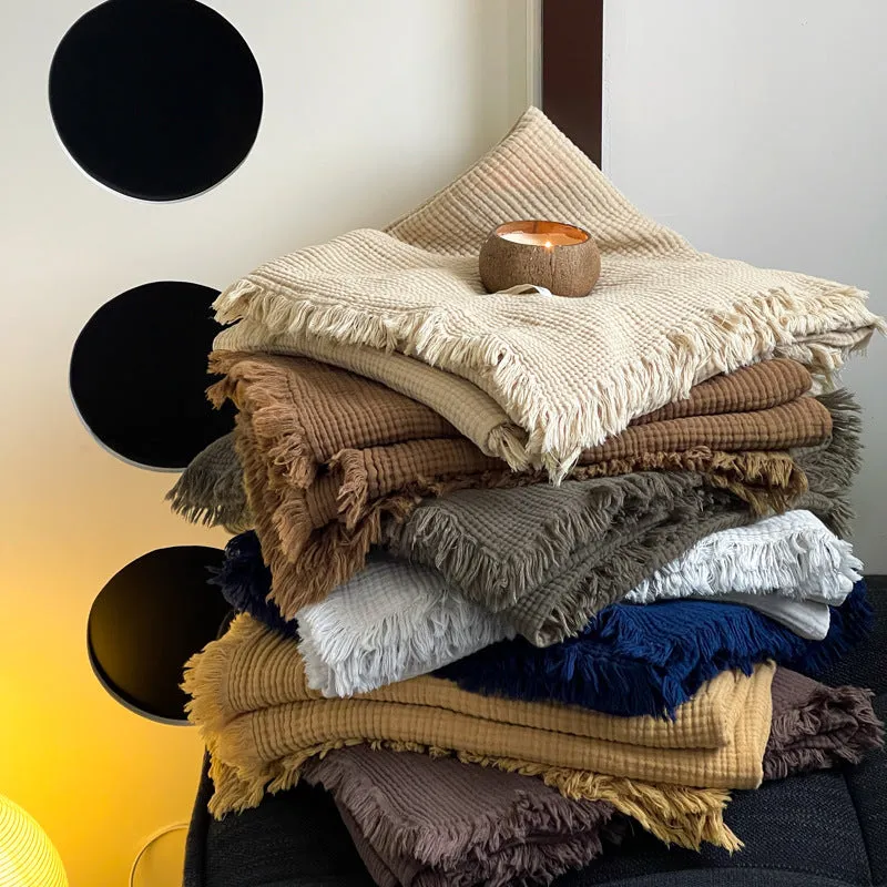 Maillard style four-layer wrinkle yarn tassel blanket in pure cotton chenille, available in multiple colours for sofa or office