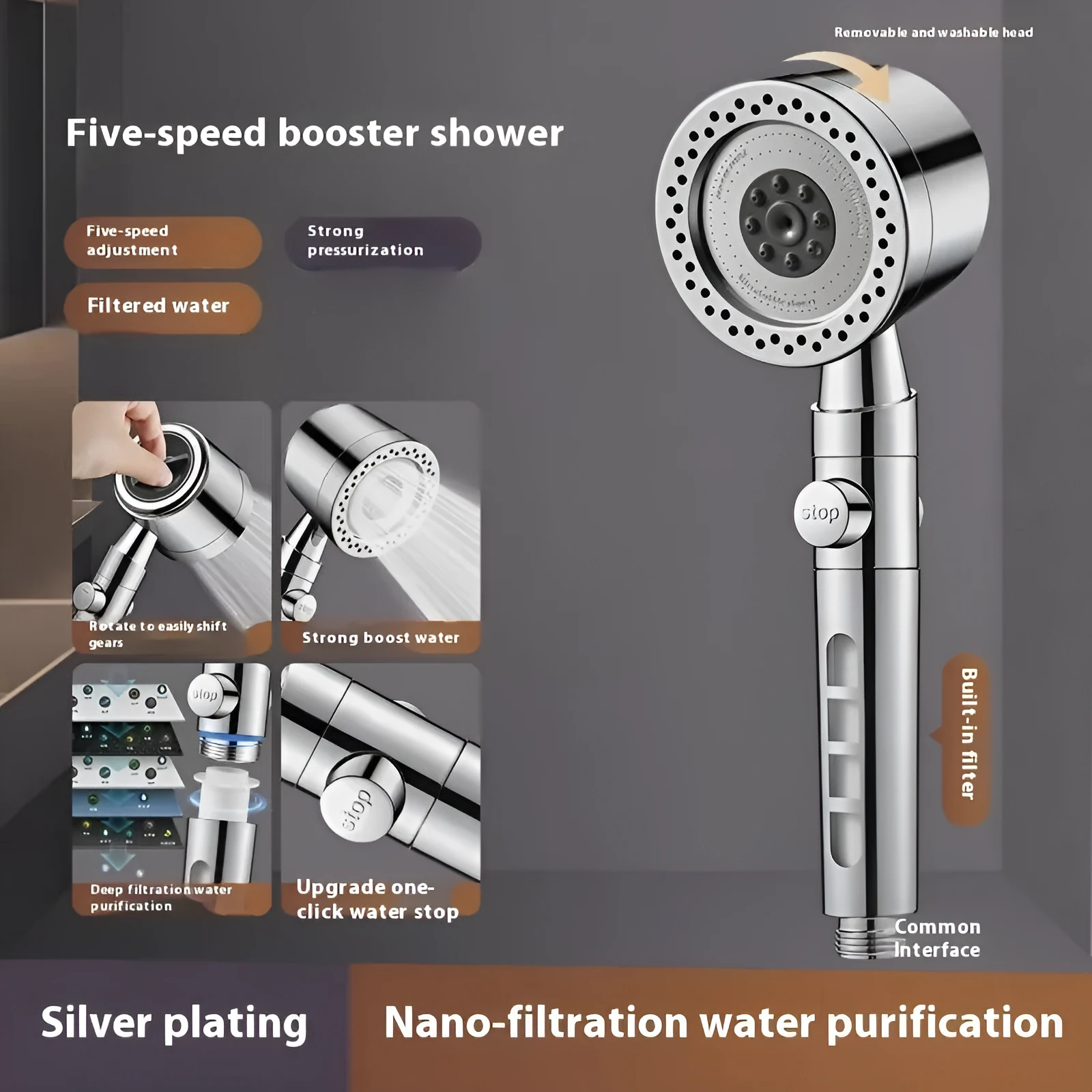 Silver portable shower head with multiple spray functions including massage and rain modes