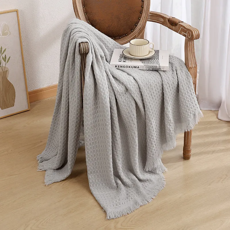 Solid colour waffle knit sofa blanket in acrylic with chenille texture, beige finish, 130x160cm with tassels